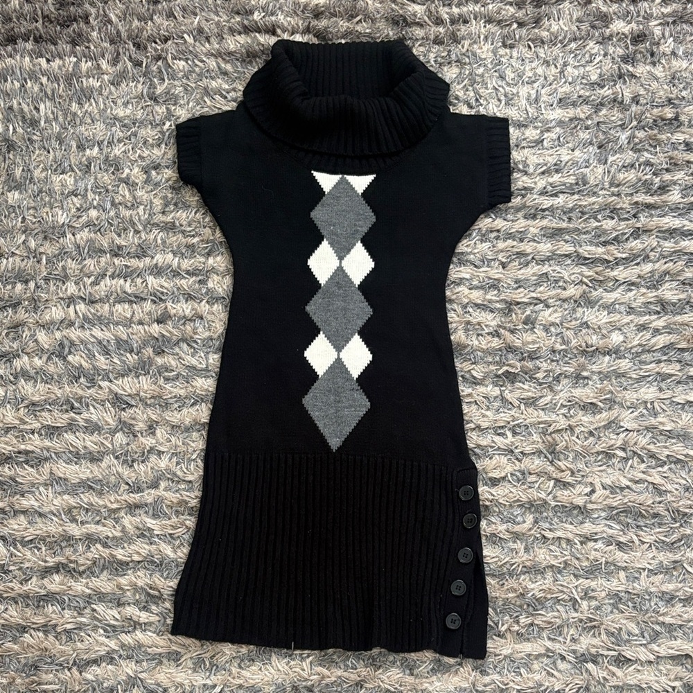 Knit Minded Black White Grey Argyle Sweater Midi Dress, Size S
